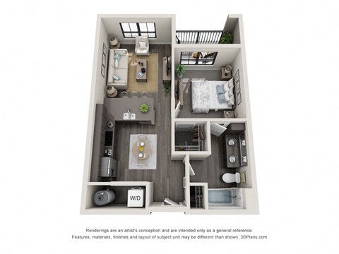Floor plan for 1 bed, 1 bath, 631 sqft